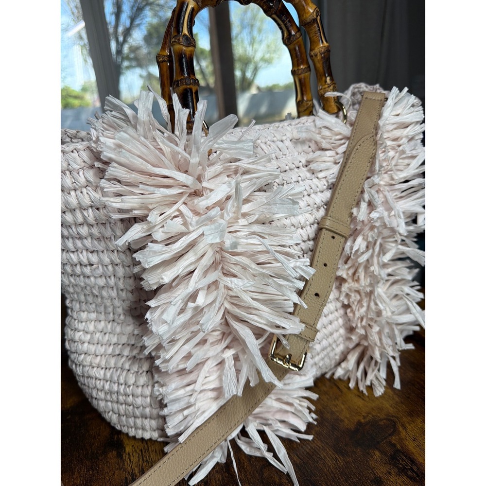 Chicos Pink Raffia Crochet Fringe Bag Bamboo Handle Crossbody Tote - Picture 4 of 15